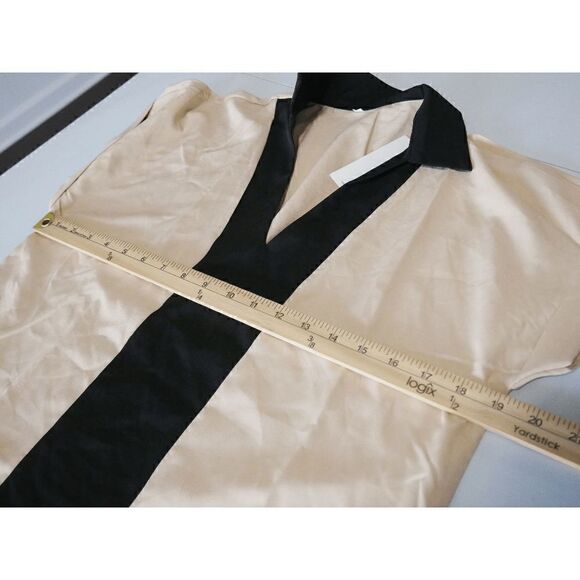 Apricot & Black Women's Color Block Bal Collar V-Neck Short Sleeve Blouse M #184 - Picture 4 of 6